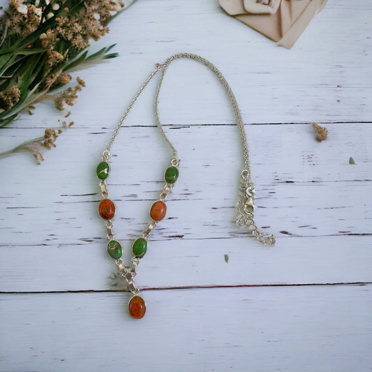 Green & Red Turquoise Magick ~ Silver Necklace