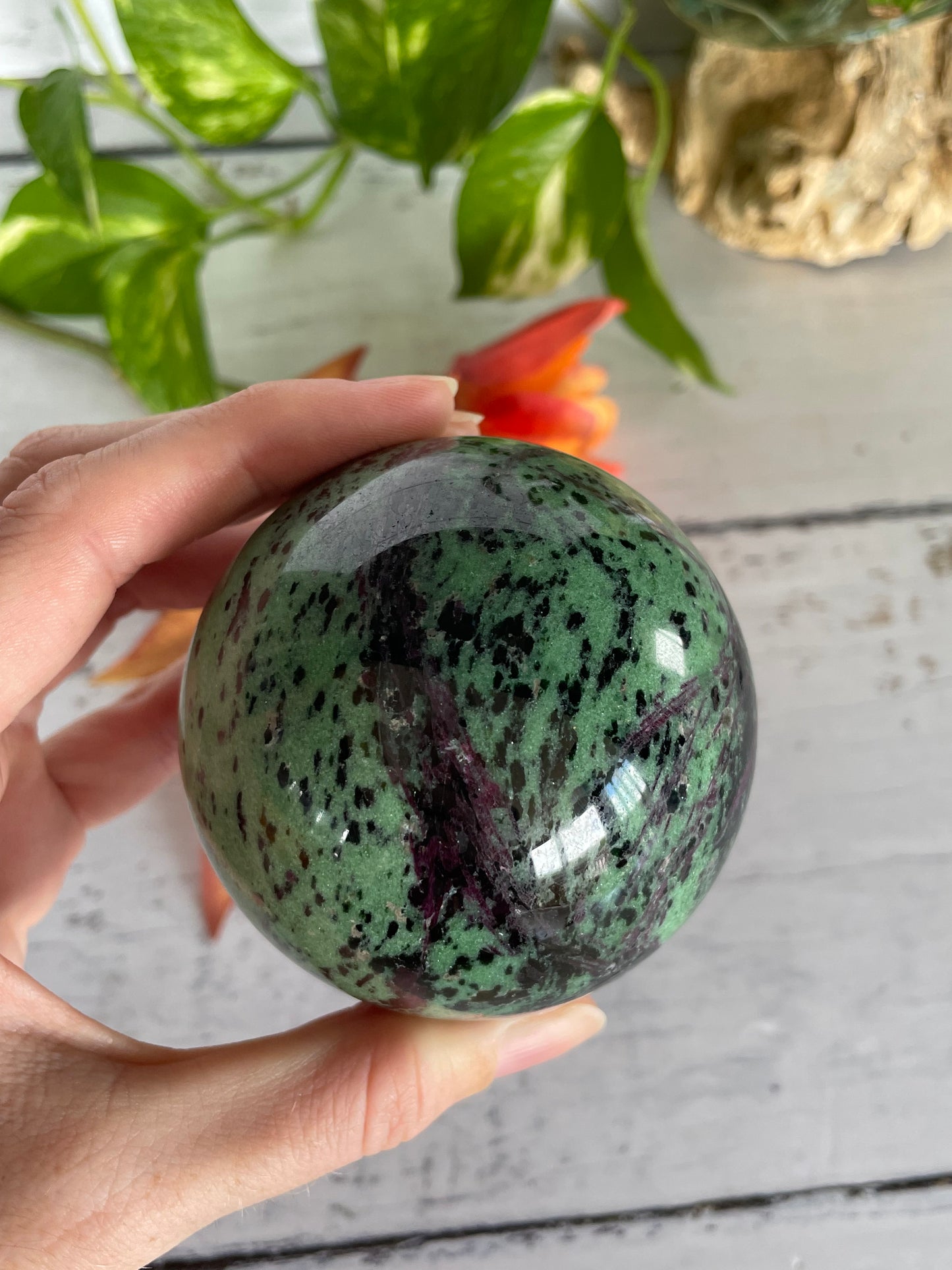 Ruby Zoisite Sphere Includes Wooden Holder