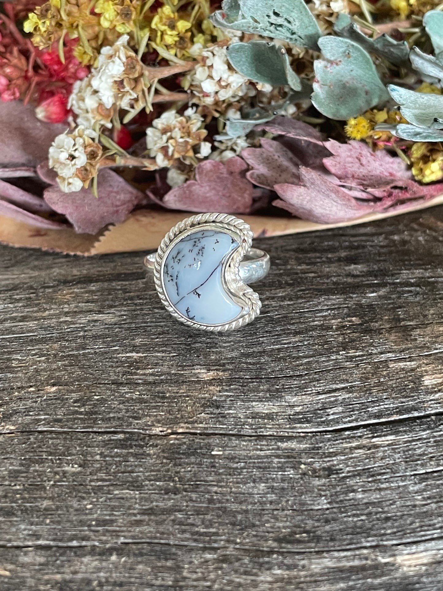 Dendritic Opal Moon Silver Ring