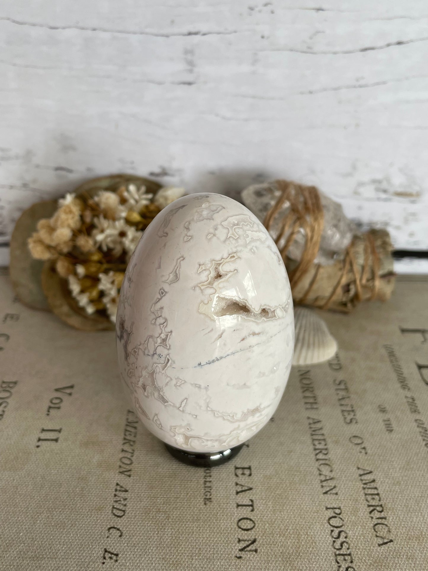 Snow Agate Egg Includes Hematite Ring
