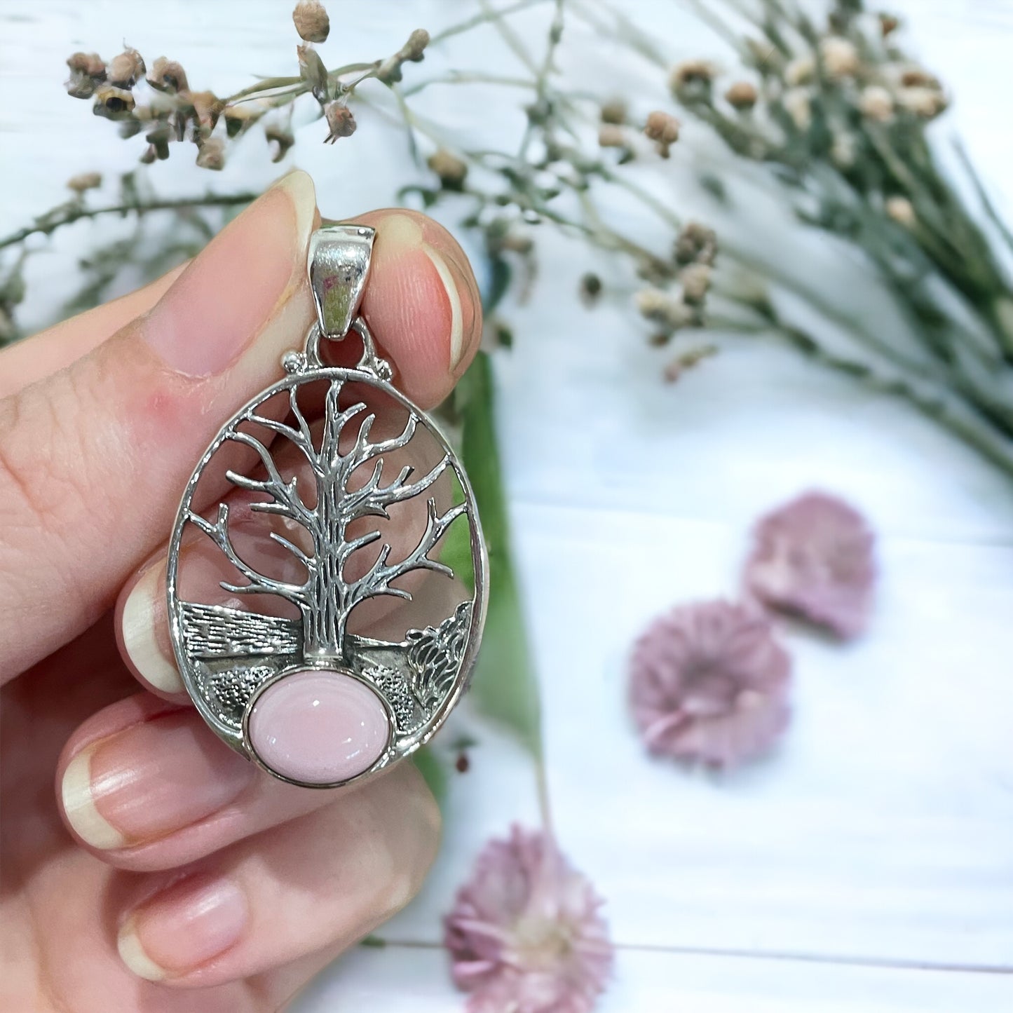 Pink Opal Silver Pendant ~ Tree of Life