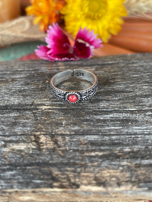 Silver Toe Ring ~ Red Coral