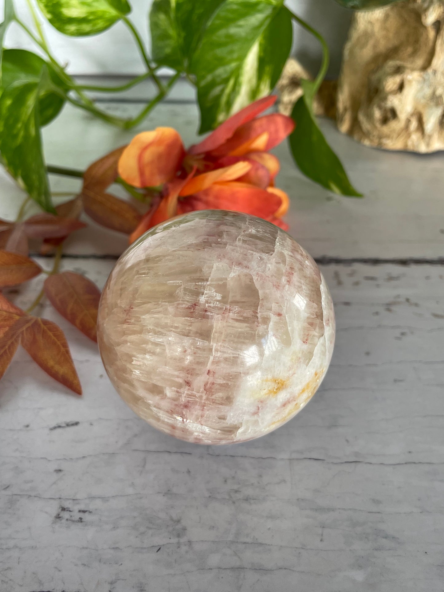 Pink & White Calcite Sphere Includes Wooden Holder