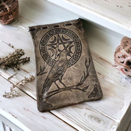 Witch Leather Tarot/Oracle  Pouch ~ Raven Pentacle Moon
