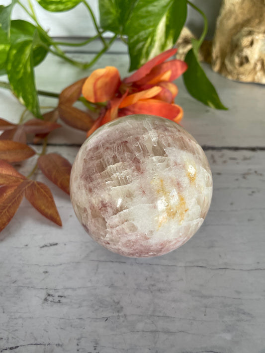 Pink & White Calcite Sphere Includes Wooden Holder