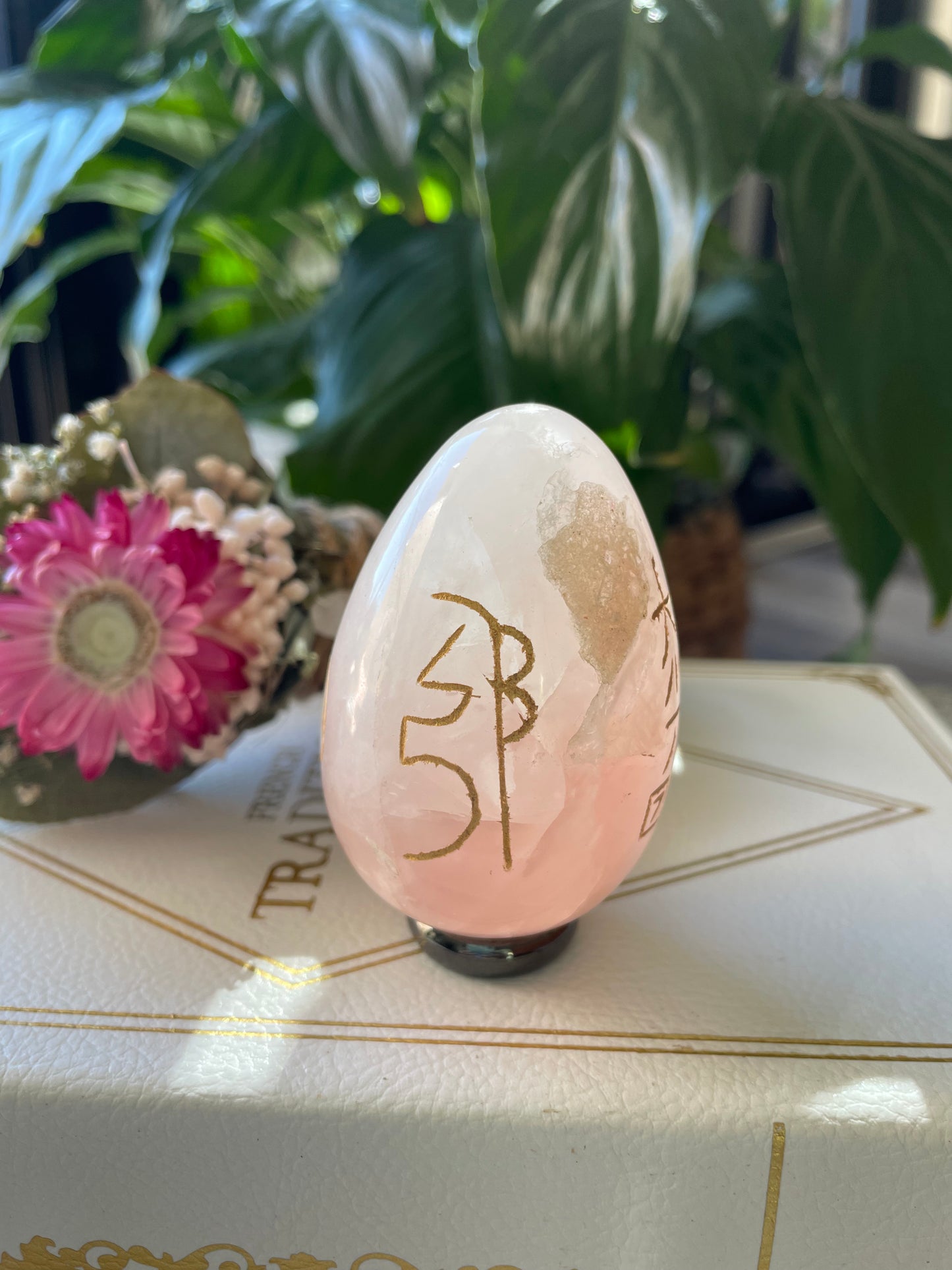 Rose Quartz Reiki Egg Includes Hematite Ring