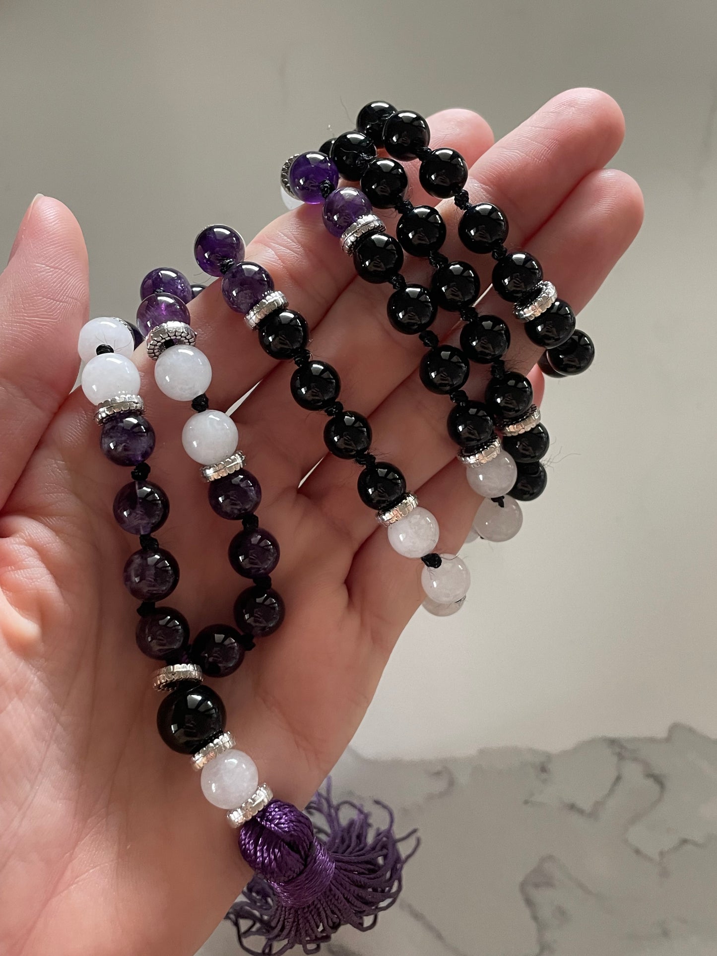 Black Onyx, Snow Quartz & Amethyst ~ Mala/Prayer Beads