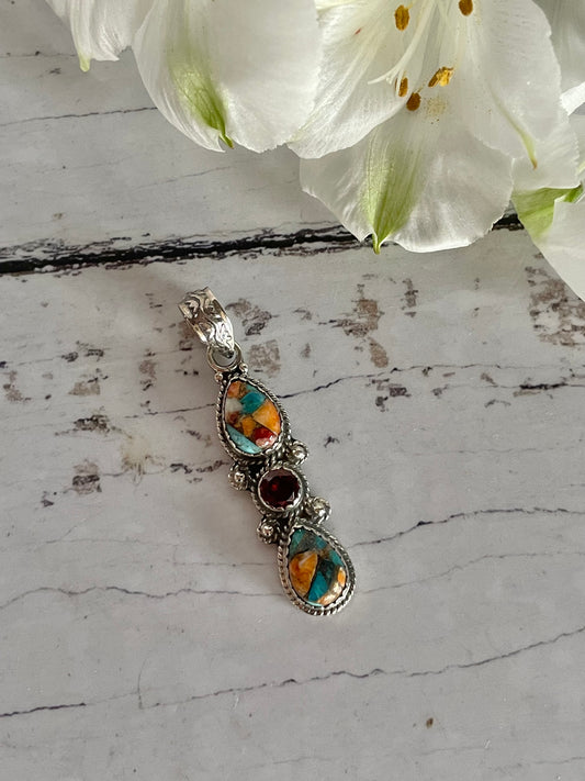 Garnet & Spiny Oyster Turquoise Silver Pendant