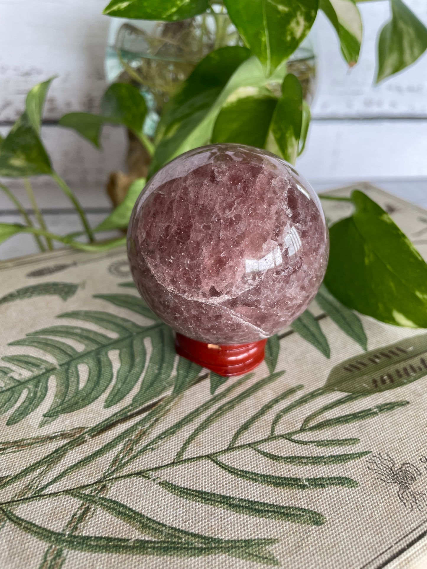 Strawberry Quartz Sphere Includes Wooden Holder