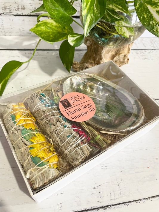 Authentic Floral Sage Smudge Kit ~ Abalone Shell, SweetGrass Braid & Palo Santo
