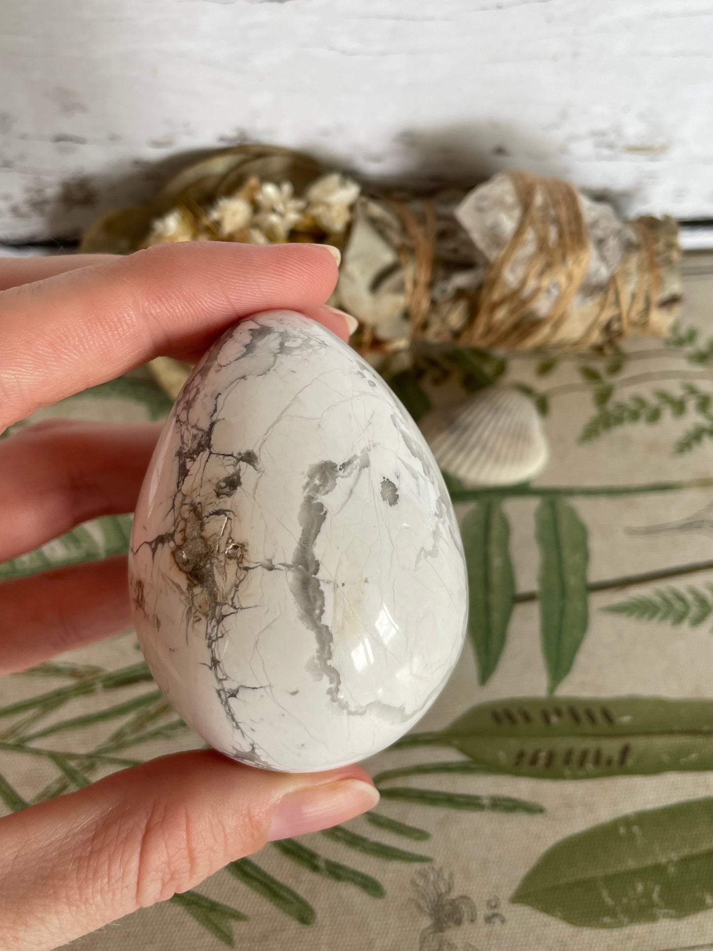 White Howlite Egg Includes Hematite Ring