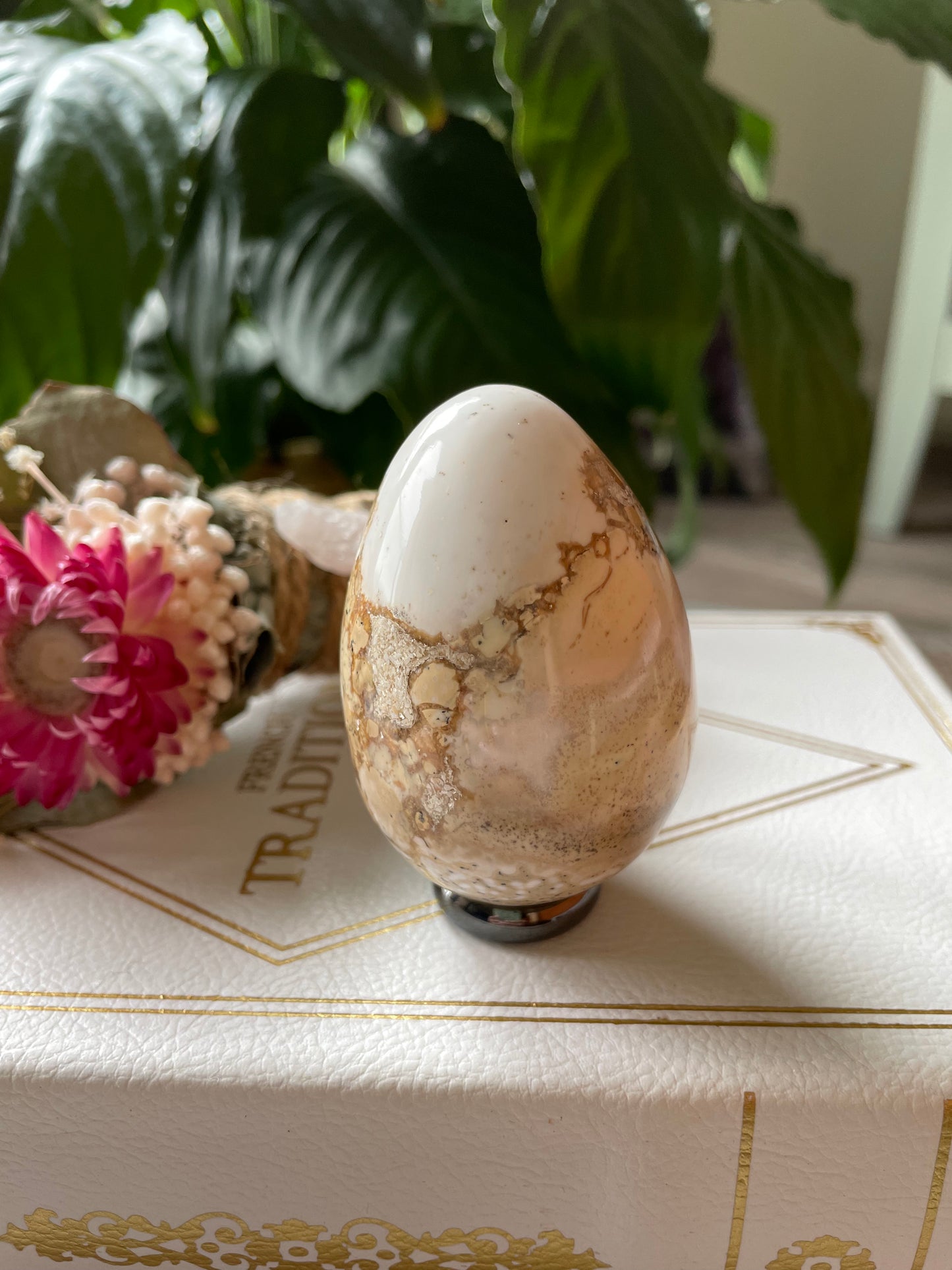 Spotted Agate Egg Includes Hematite Ring