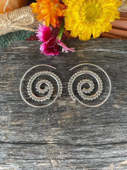 Bohemian Studded Spiral ~ Silver Earrings