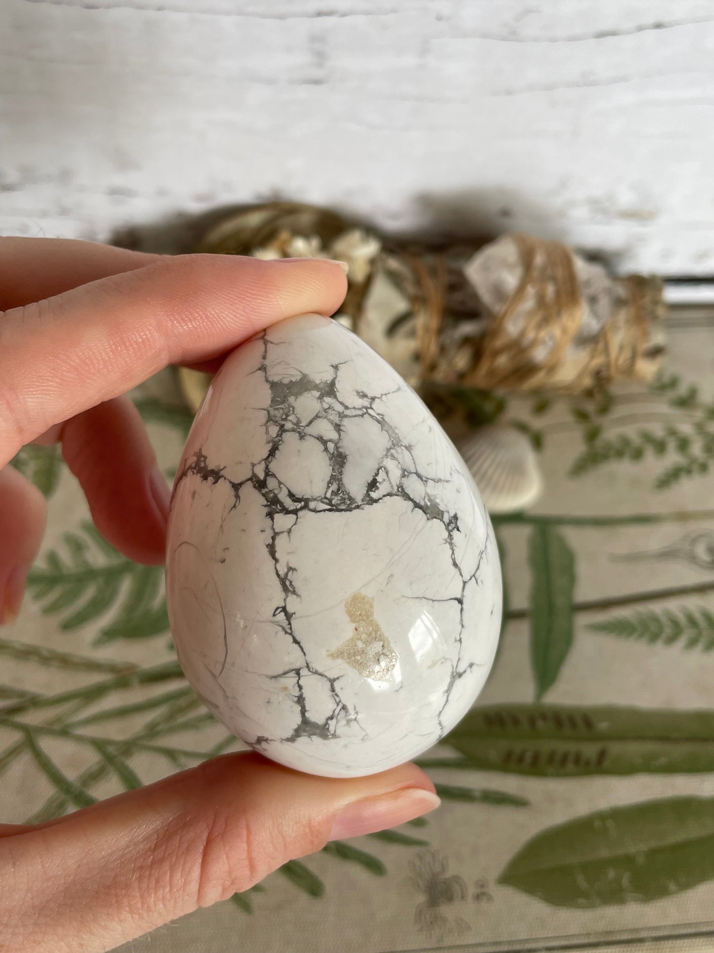 White Howlite Egg Includes Hematite Ring