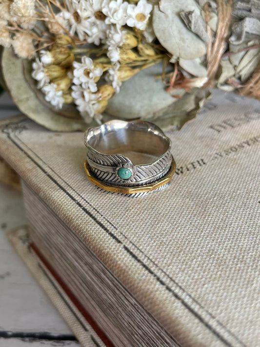 Meditation/Spinner/Anxiety Silver Ring ~ Turquoise Feather