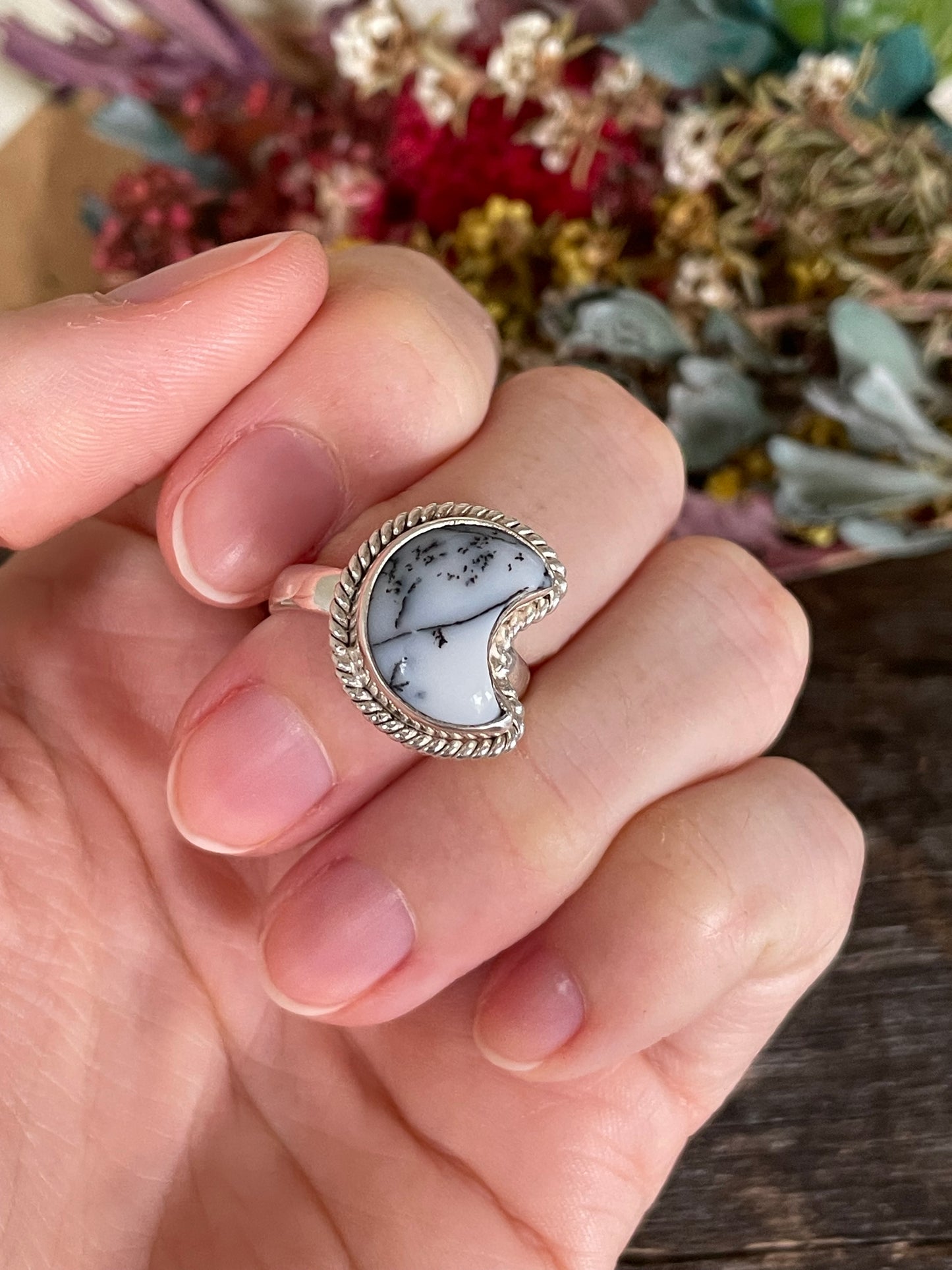 Dendritic Opal Moon Silver Ring