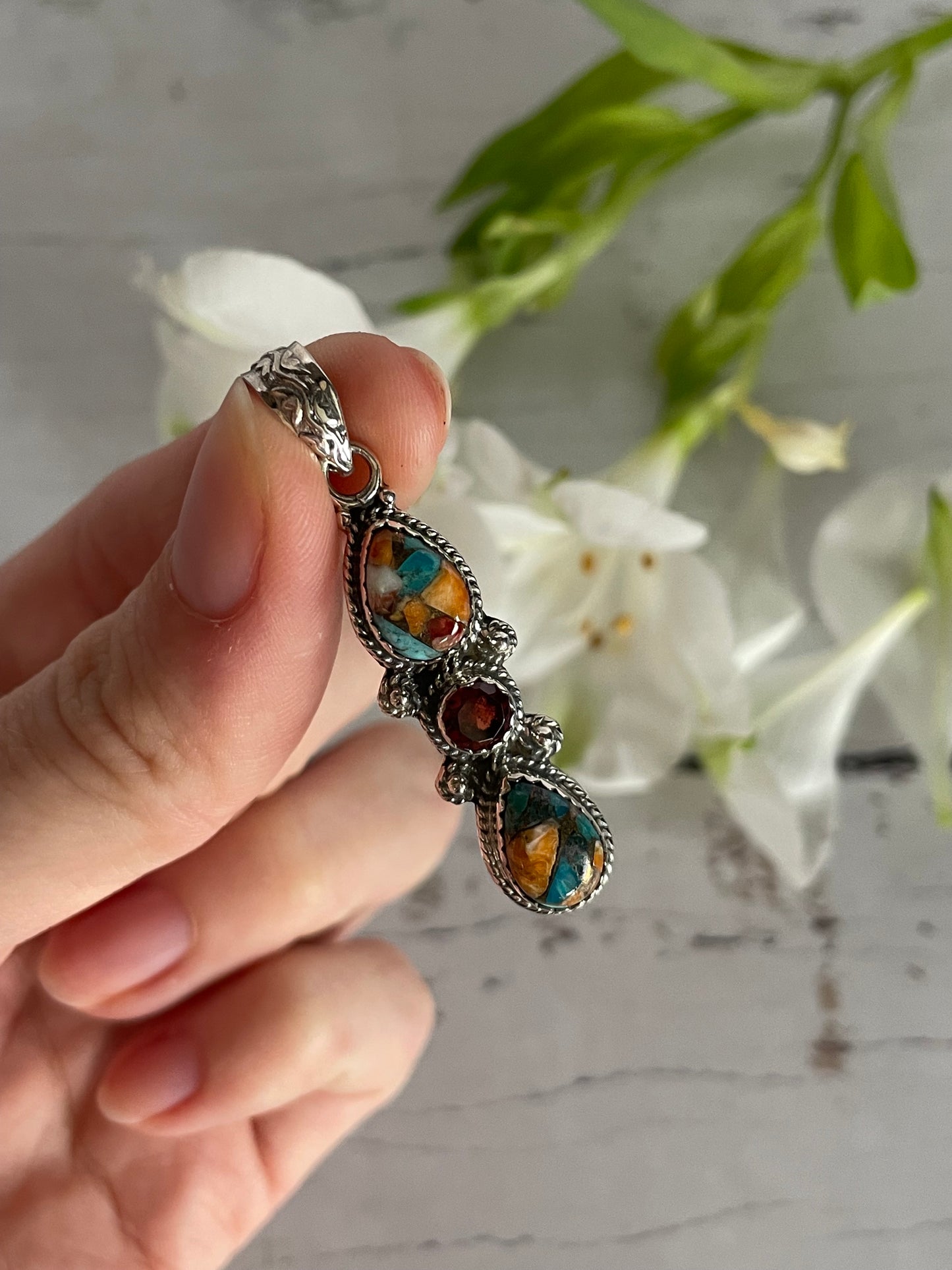 Garnet & Spiny Oyster Turquoise Silver Pendant