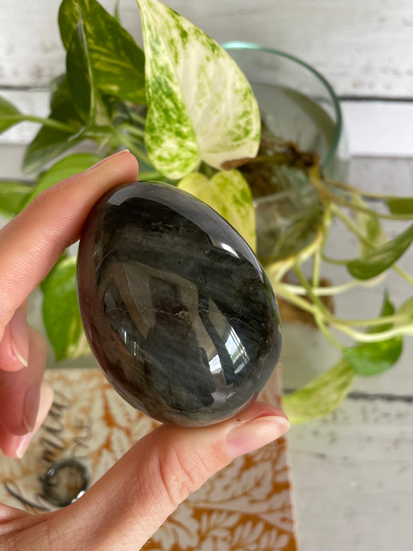 Labradorite Egg Includes Hematite Ring