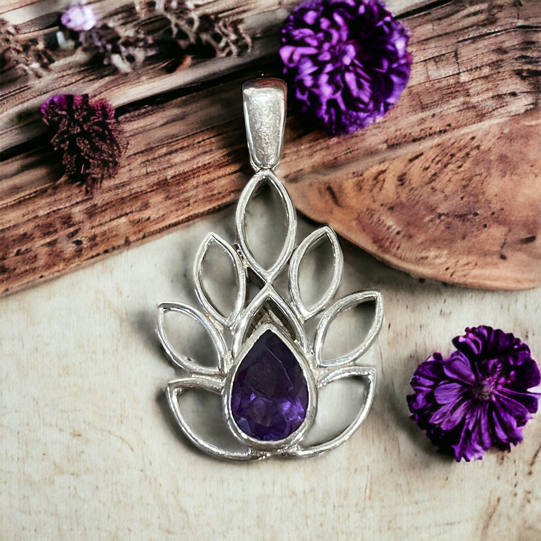 Amethyst Silver Pendant ~ Lotus Flower