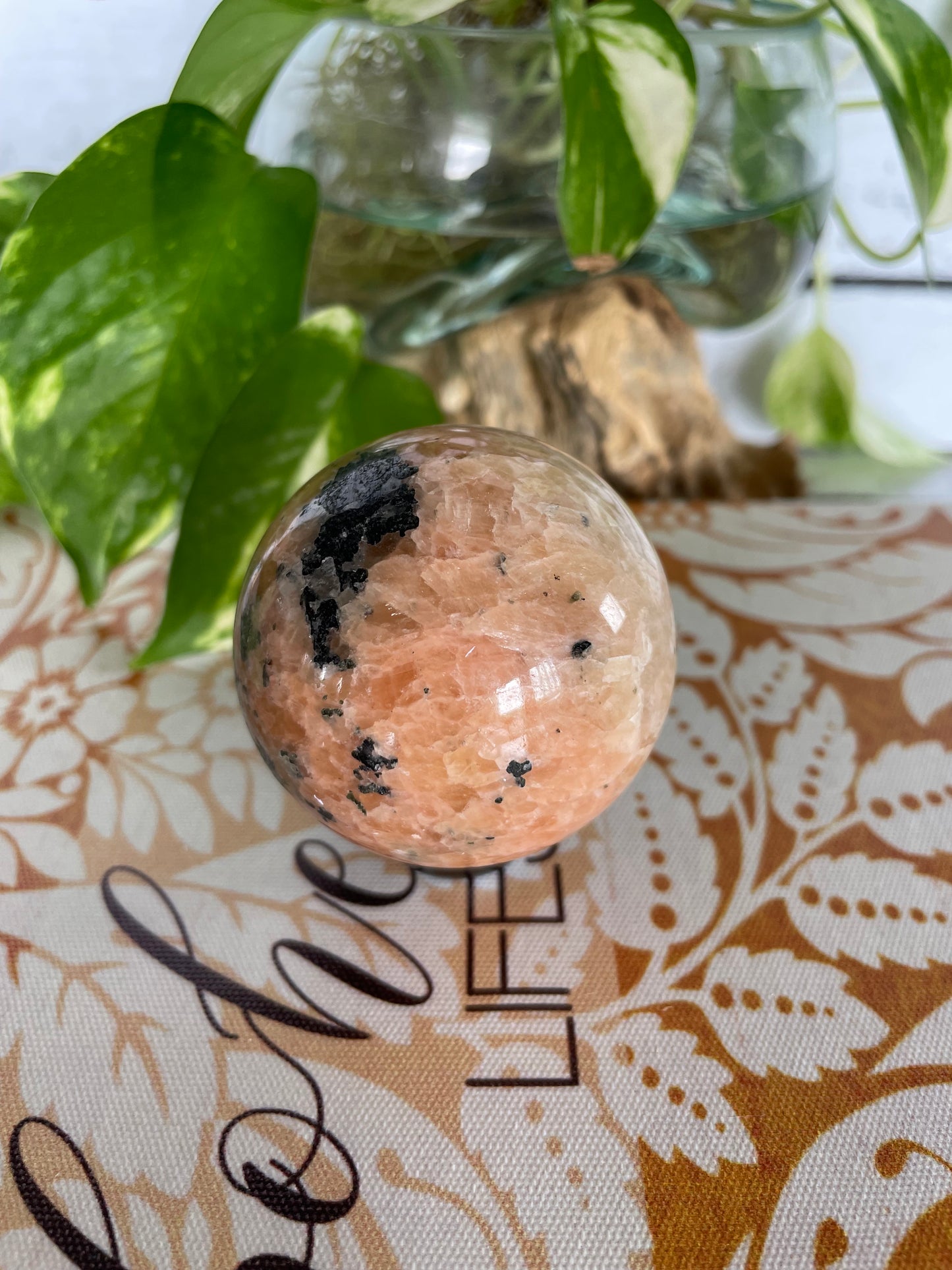 Orchid Calcite Sphere Includes Wooden Holder