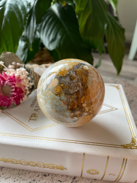 Spotted Agate Sphere Includes Wooden Holder