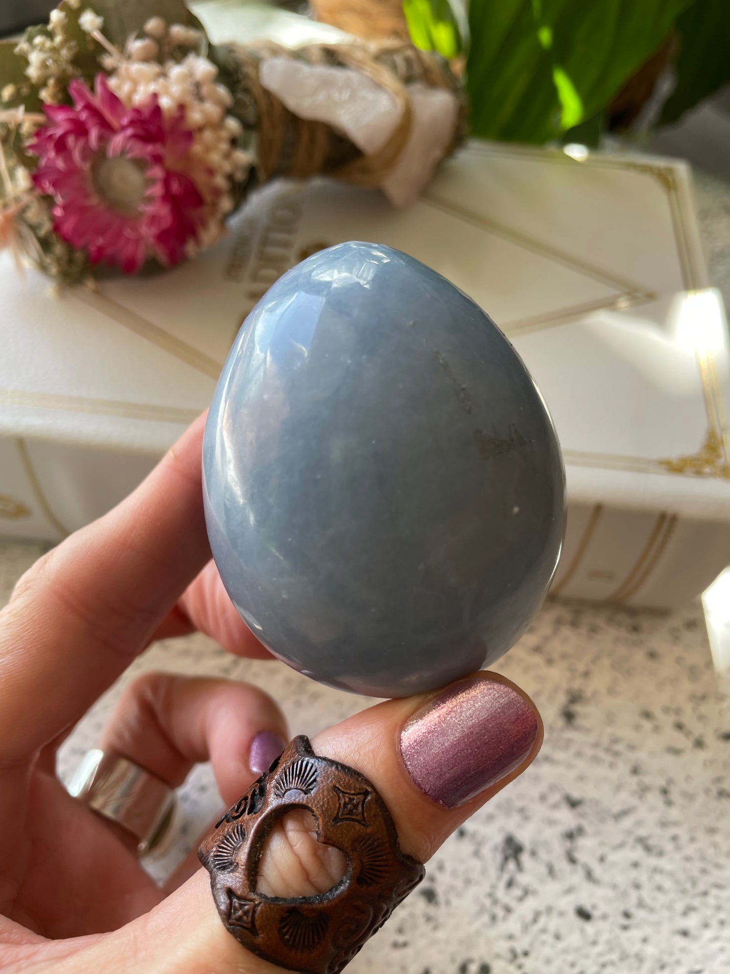 Angelite Egg Includes Hematite Ring