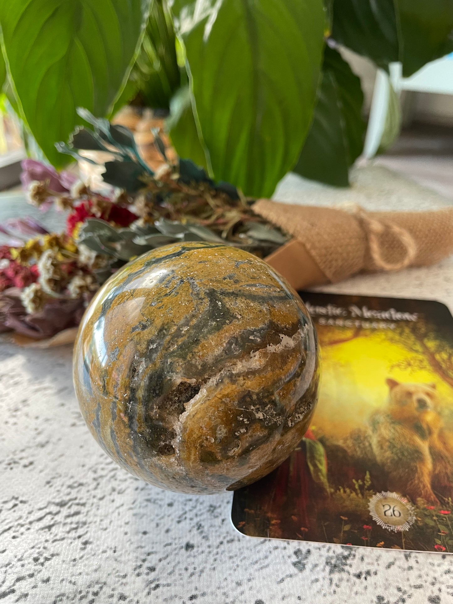 Ocean Jasper Druzy Sphere Includes Wooden Holder