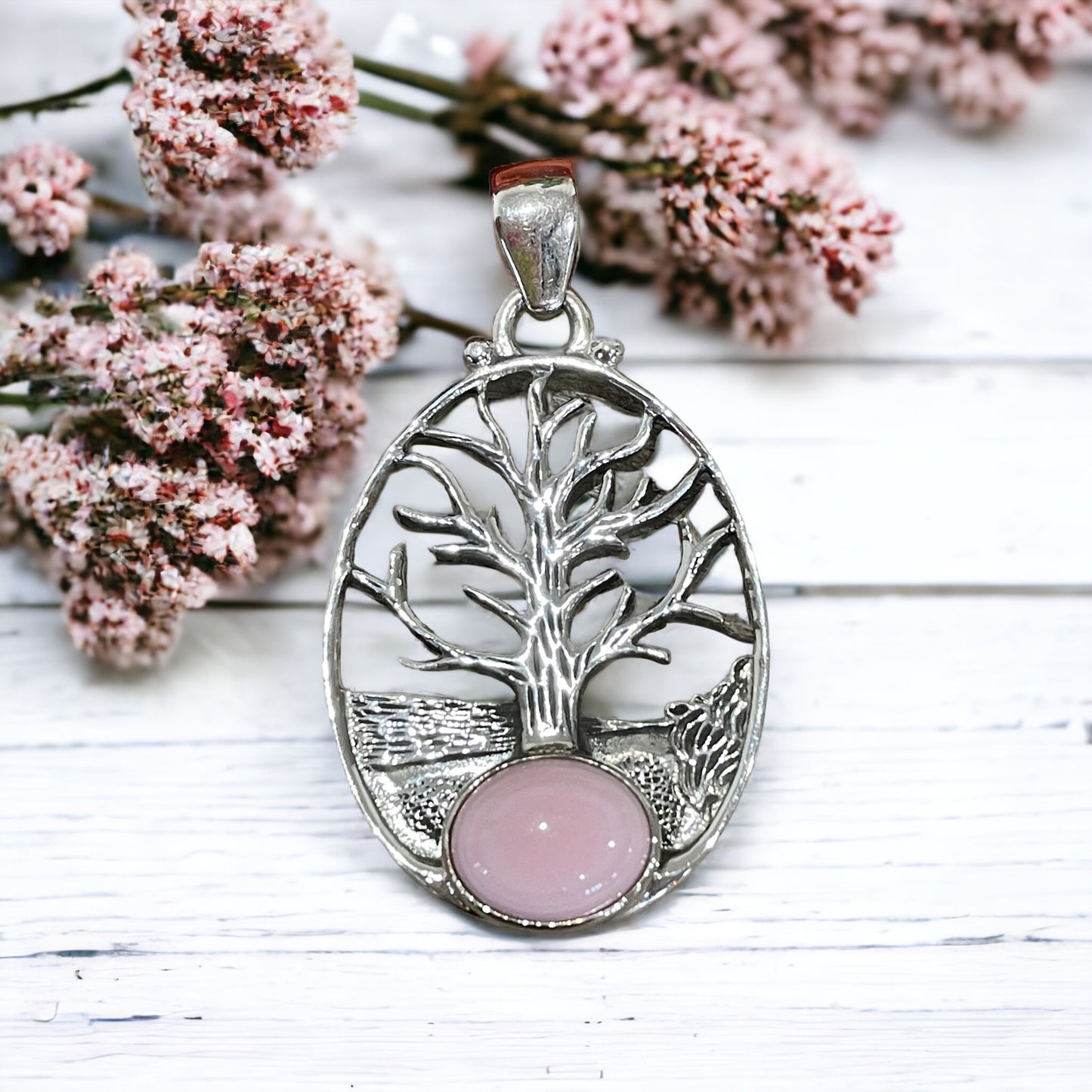 Pink Opal Silver Pendant ~ Tree of Life