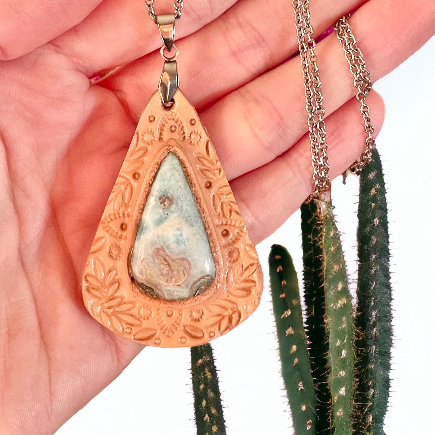 Leather Larimar Pendant with necklace