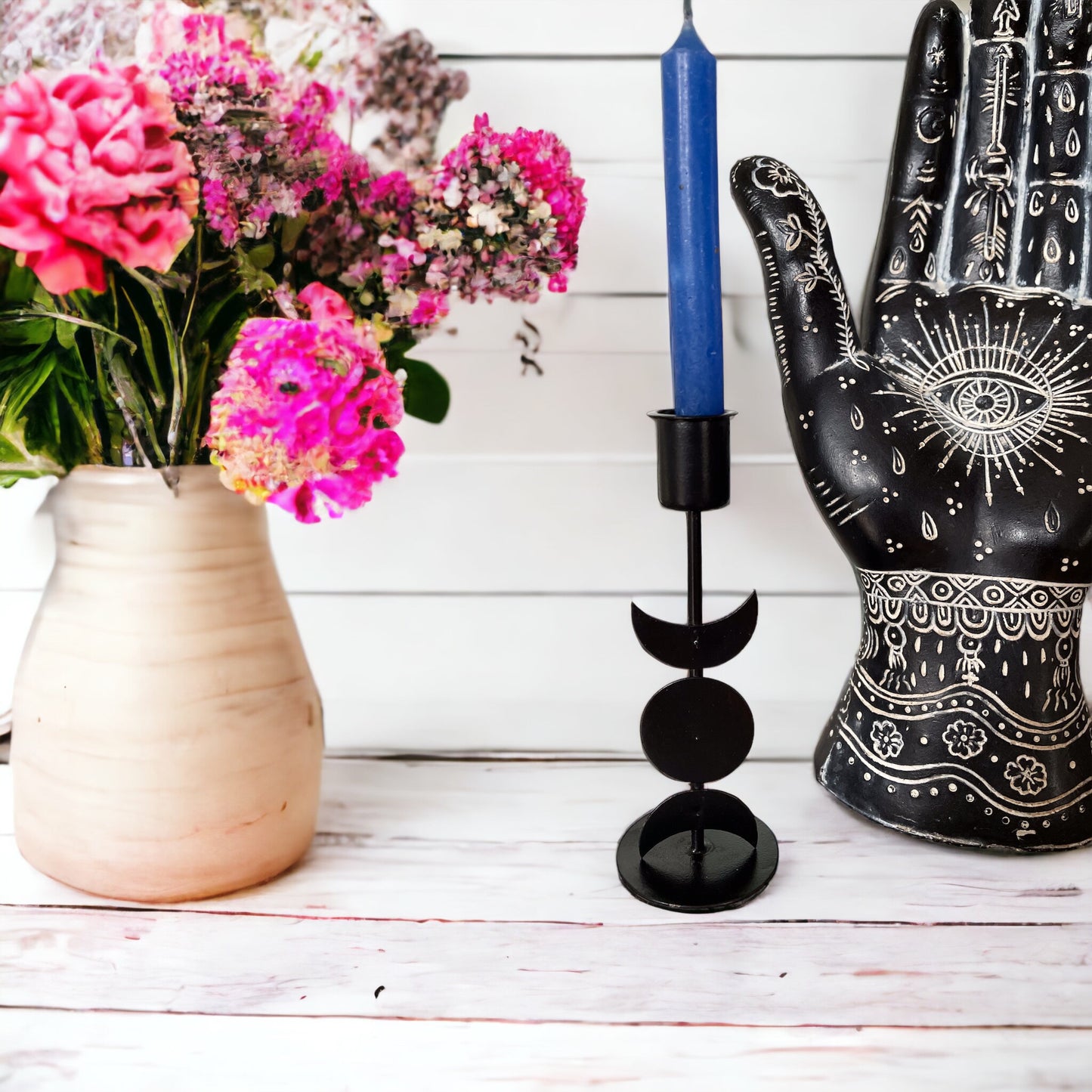 Moon Phases ~ Iron Candle Holder (includes manifesting candle)