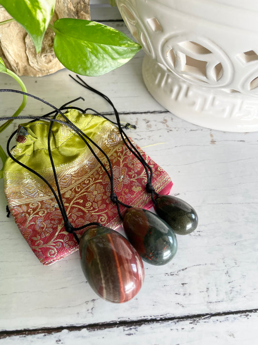 Yoni Eggs ~ African Bloodstone Set of 3 with Sari pouch