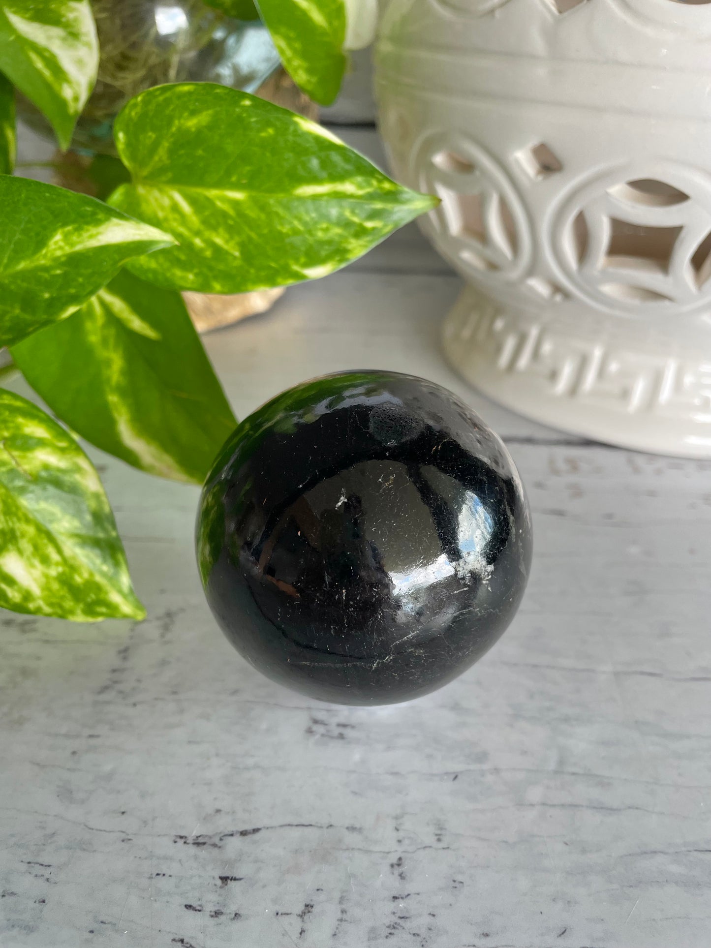 Black Tourmaline Sphere Includes Wooden Holder