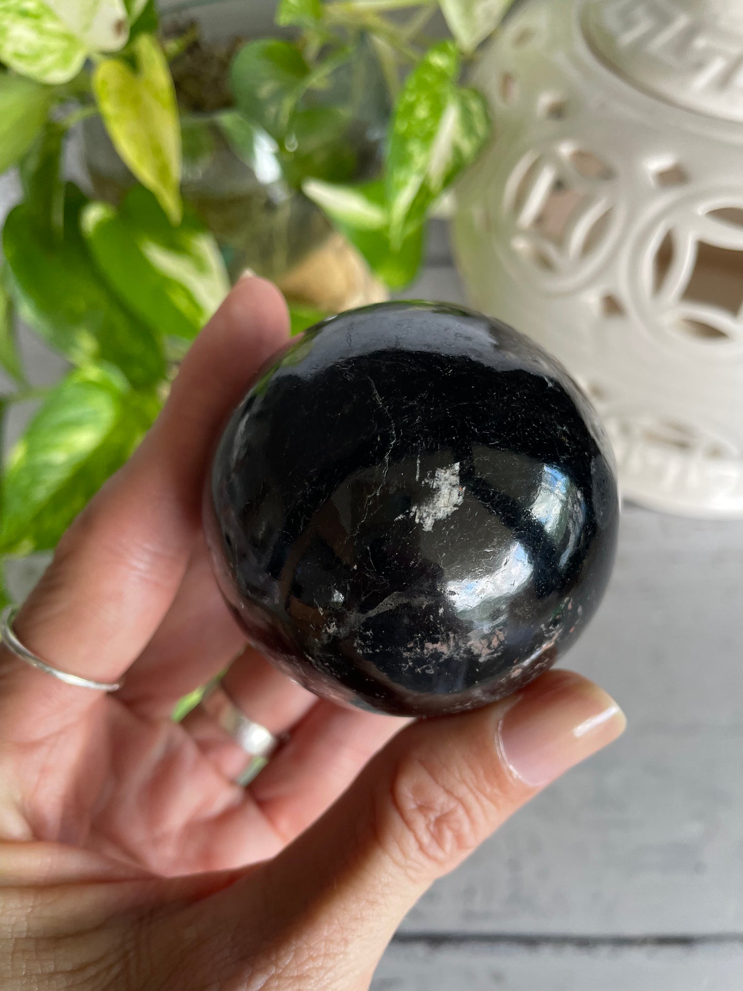 Black Tourmaline Sphere Includes Wooden Holder