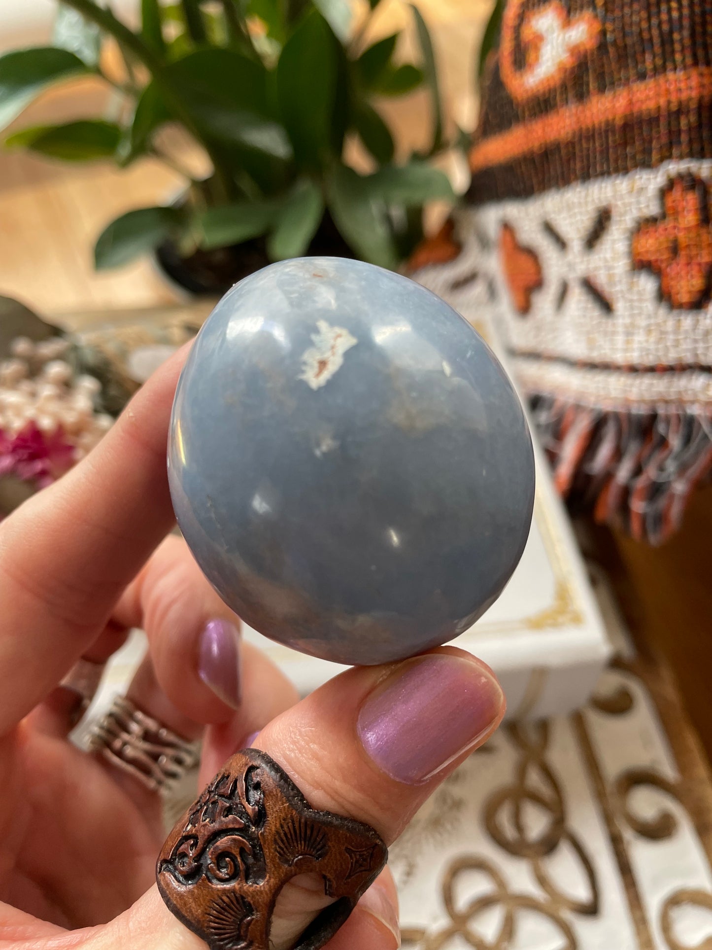 Angelite Egg Includes Hematite Ring