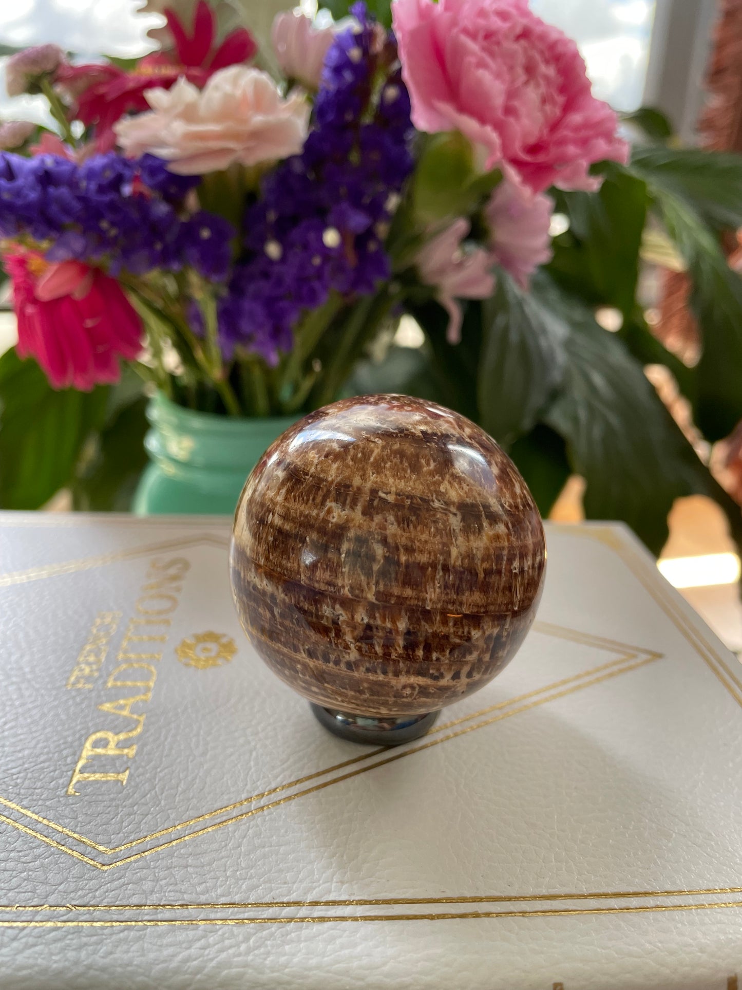 Aragonite Sphere Includes Wooden Holder