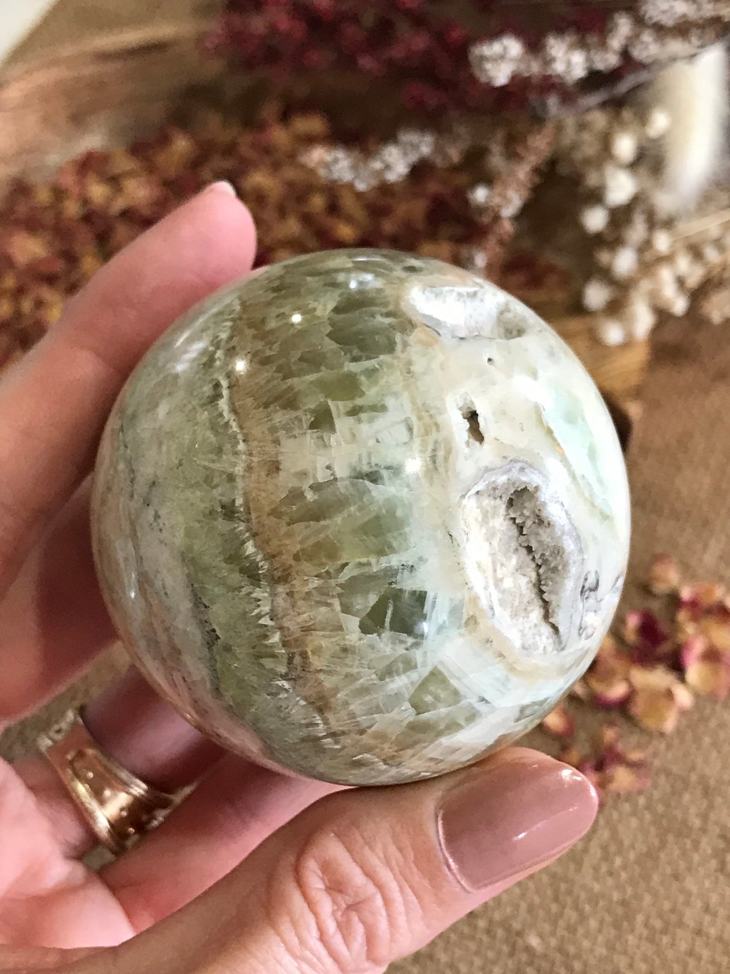 Green Caribbean Calcite Sphere Includes Wooden Holder