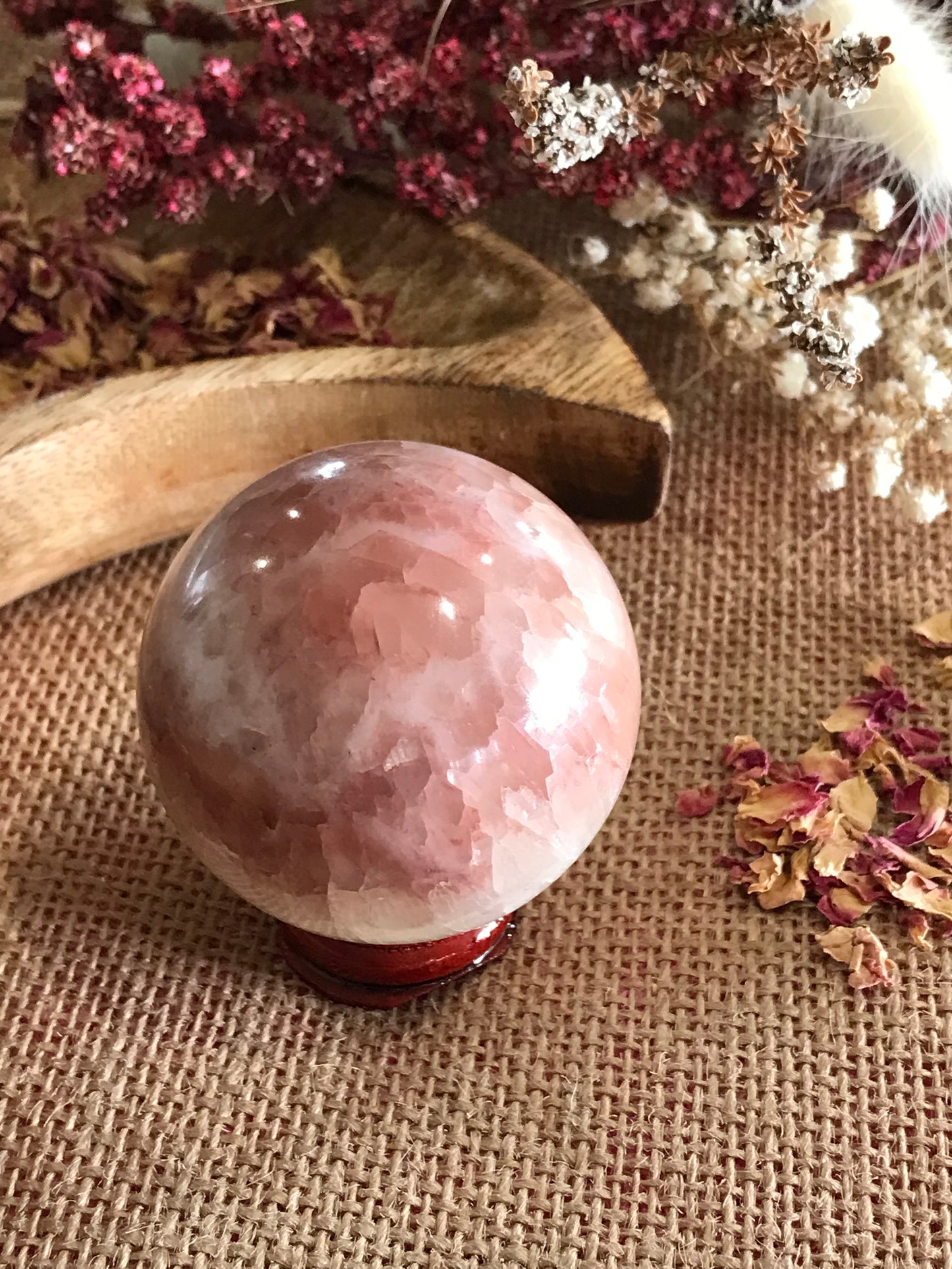Pink/White Calcite Sphere Includes Wooden Holder