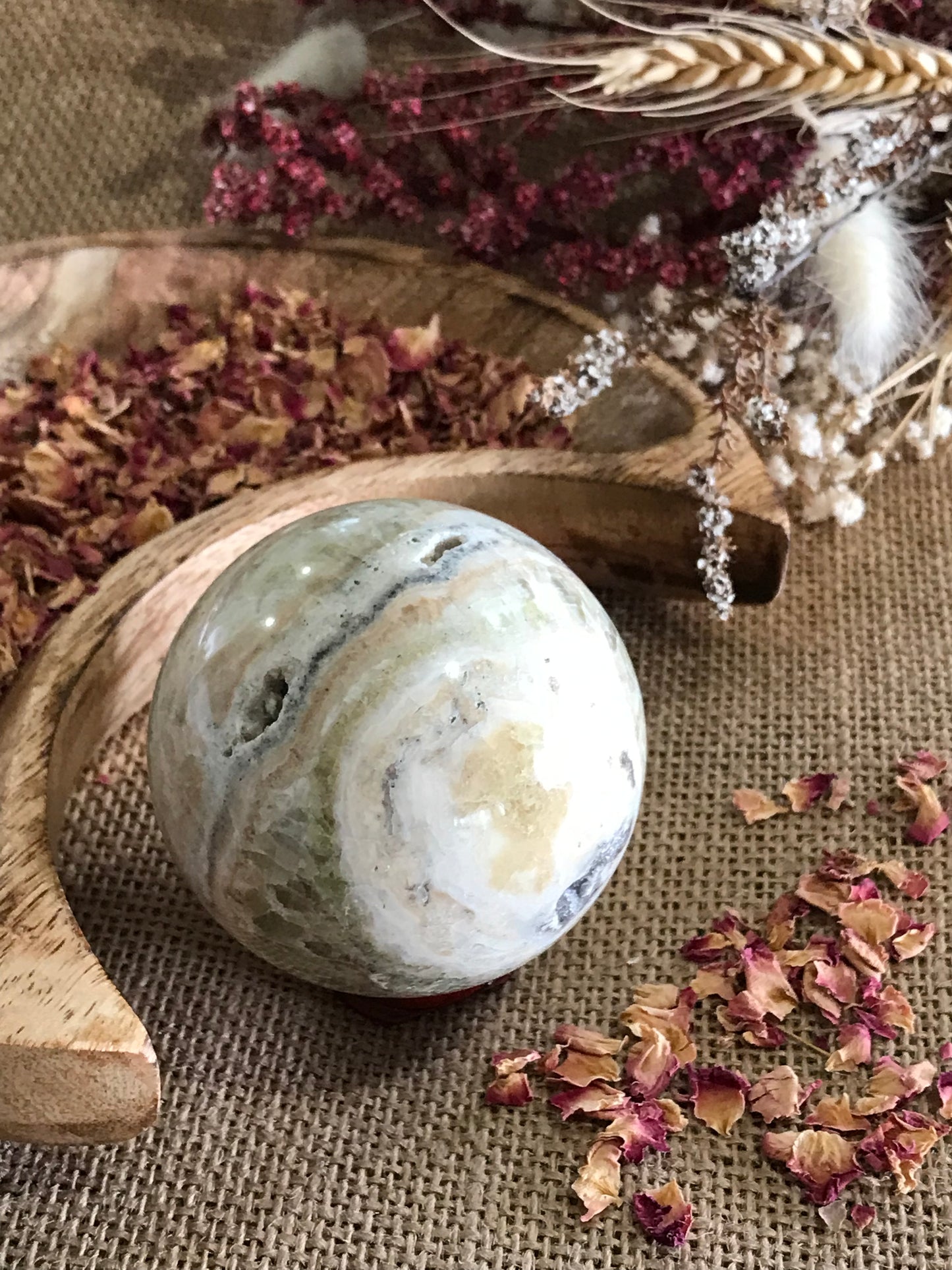 Green Calcite  Sphere Includes Wooden Holder