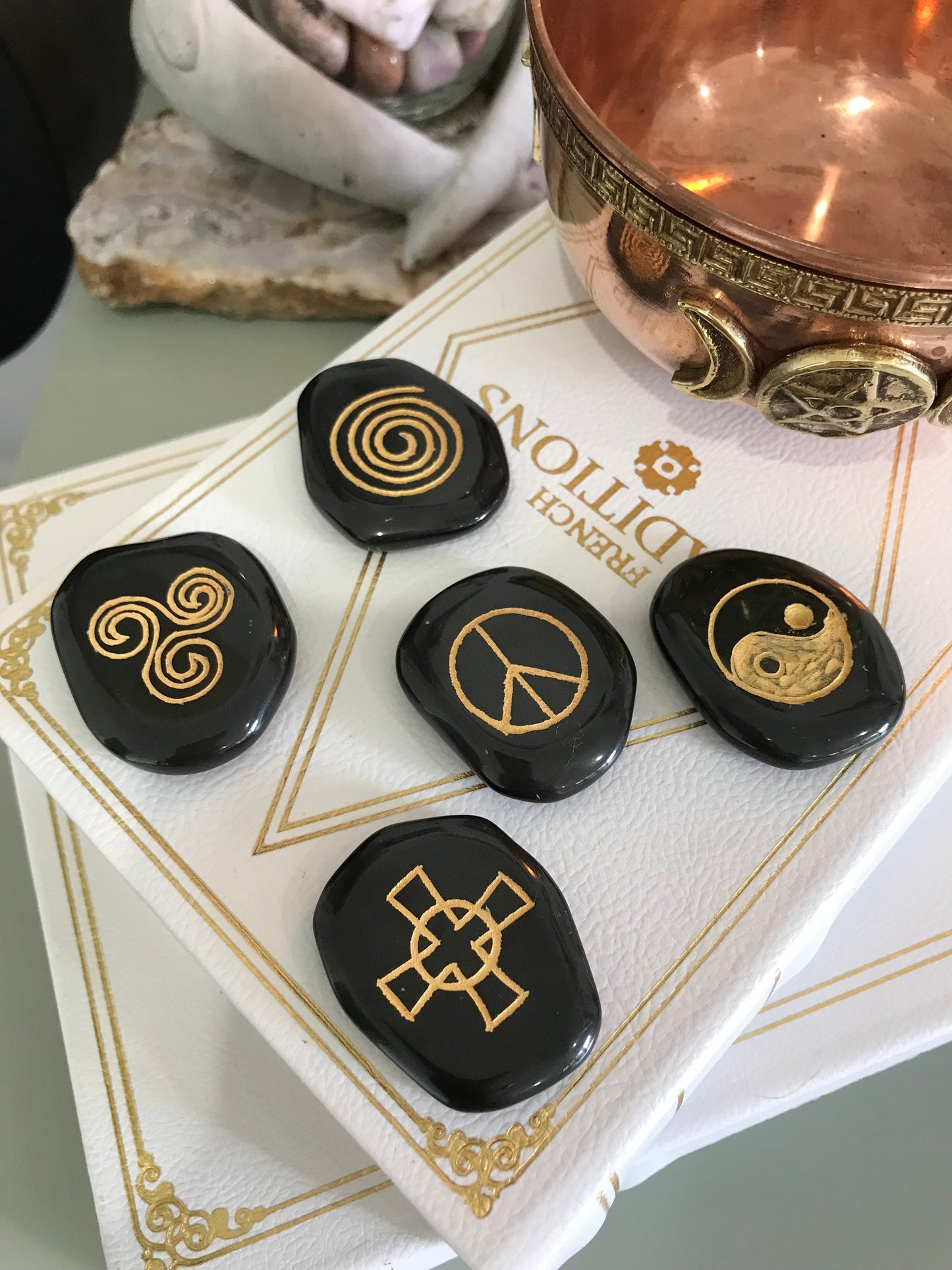 Black Jasper Universal Symbols Palm Stones ~Set of 5