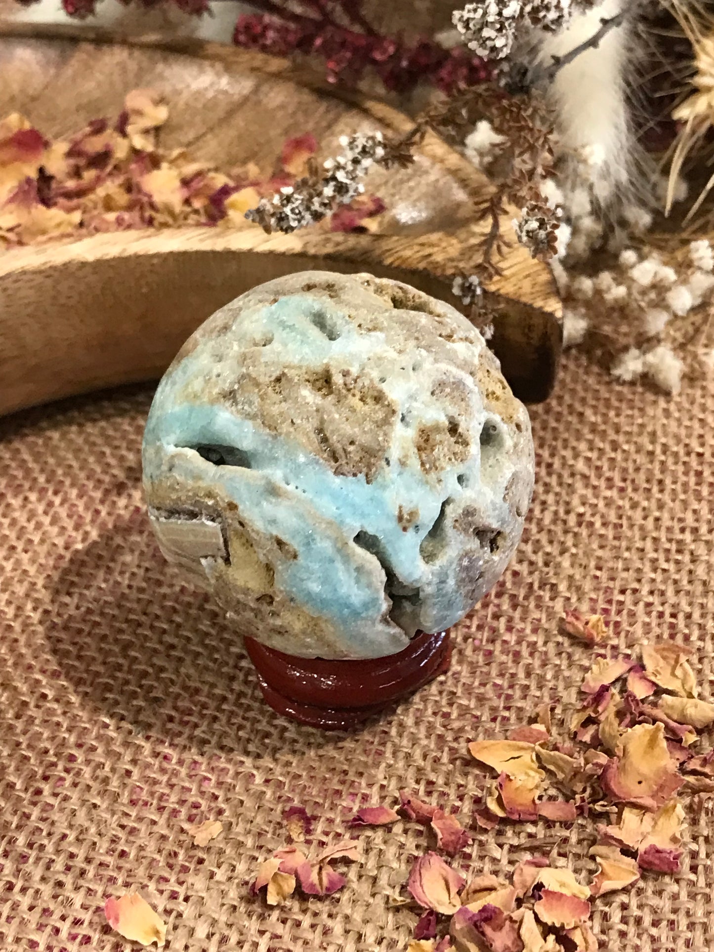 Hemimorphite Sphere Includes Wooden Holder