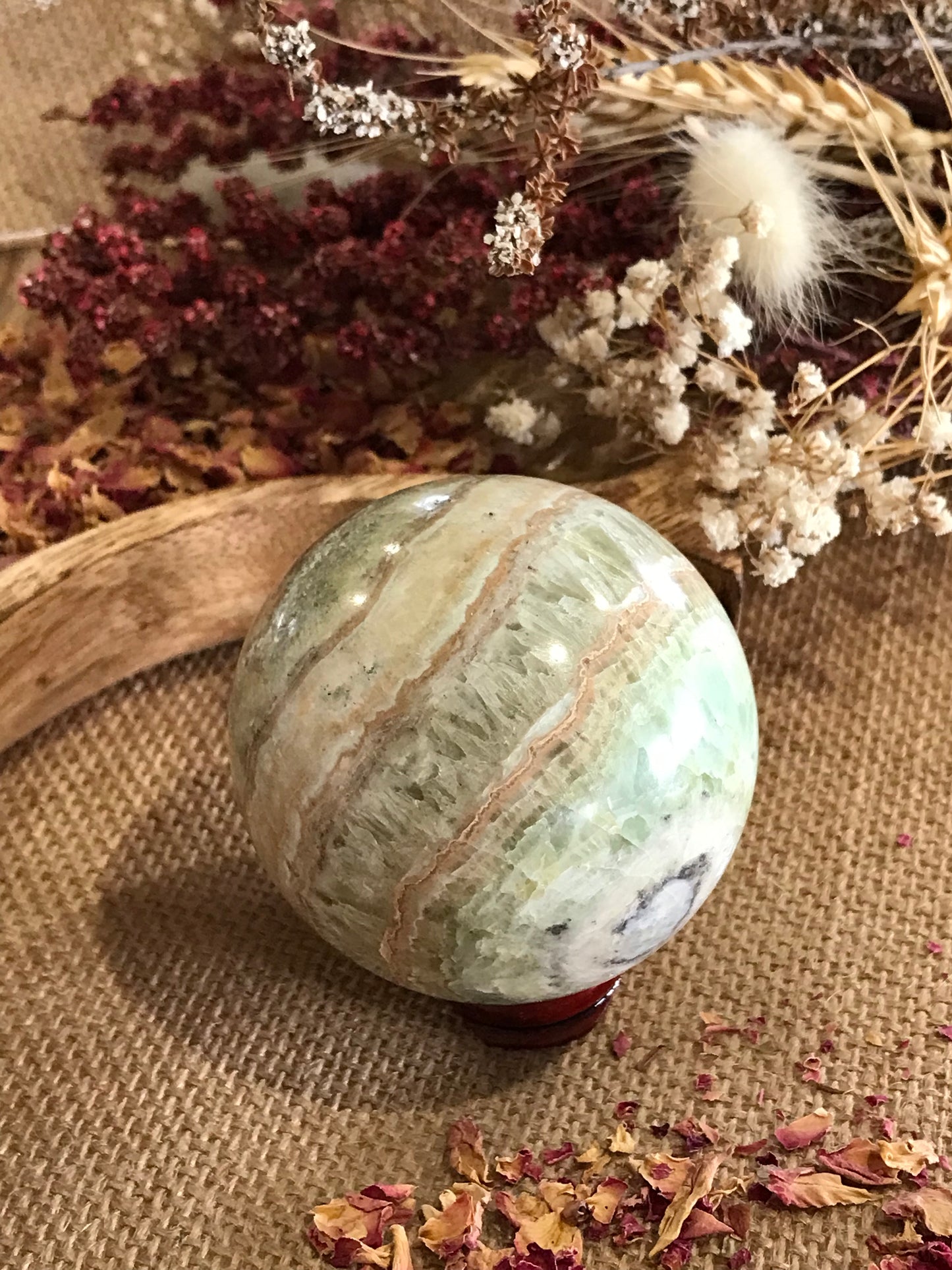 Green Caribbean Calcite Sphere Includes Wooden Holder