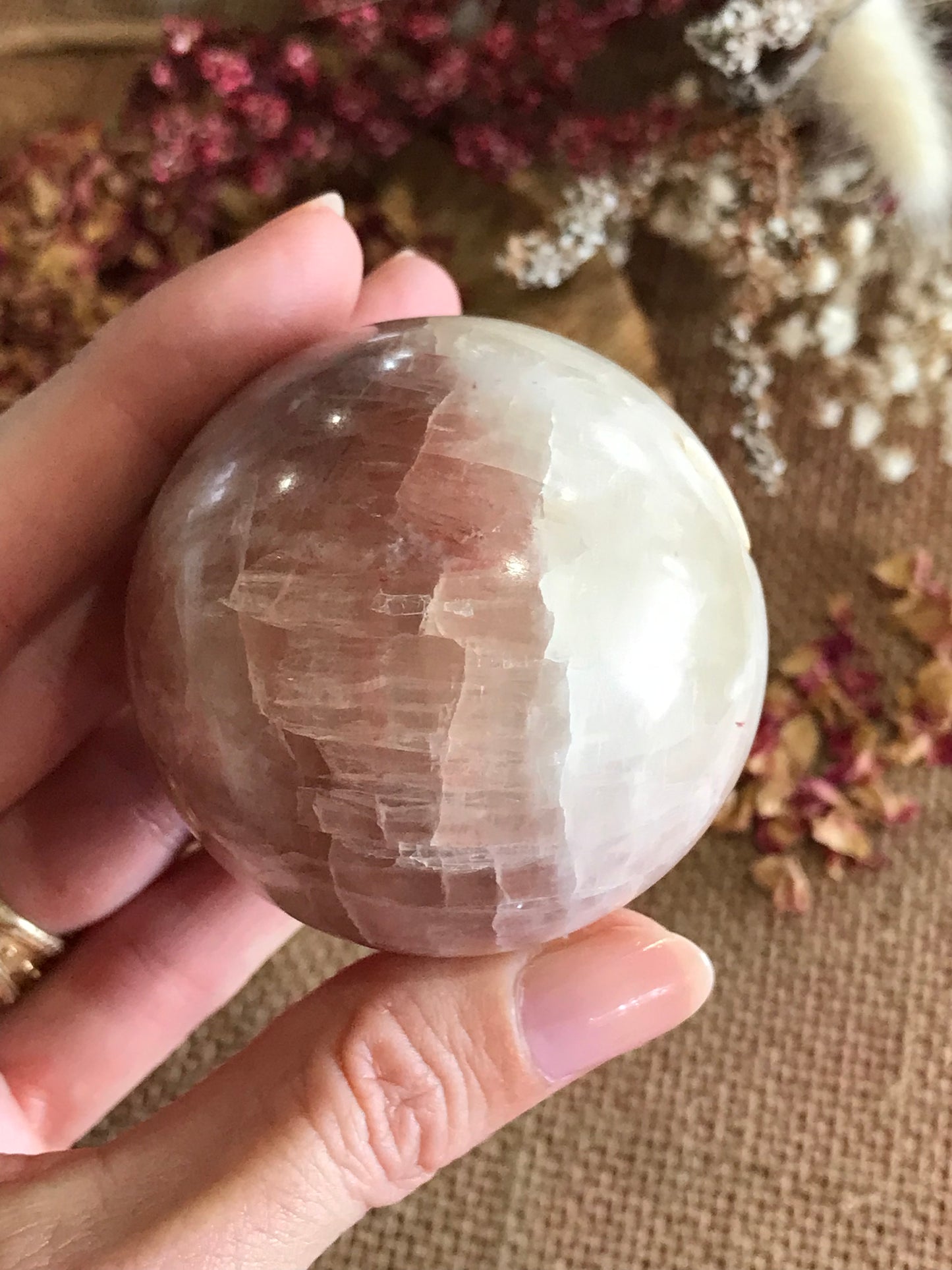 Pink/White Calcite Sphere Includes Wooden Holder