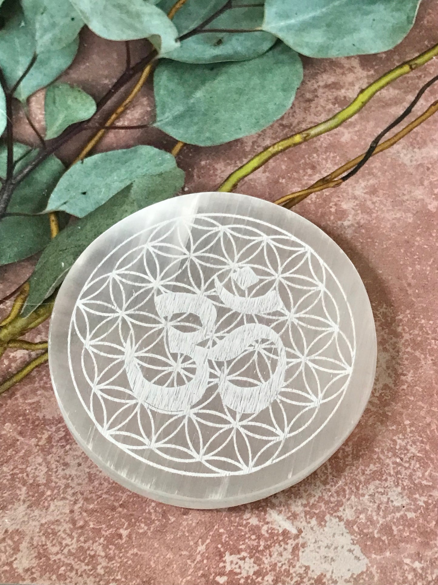 Selenite Charging Plate ~ Om Sacred Geometry