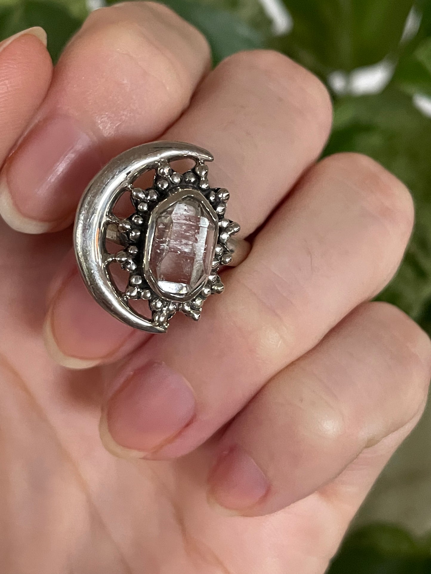 Moon Herkimer Diamond Silver Ring
