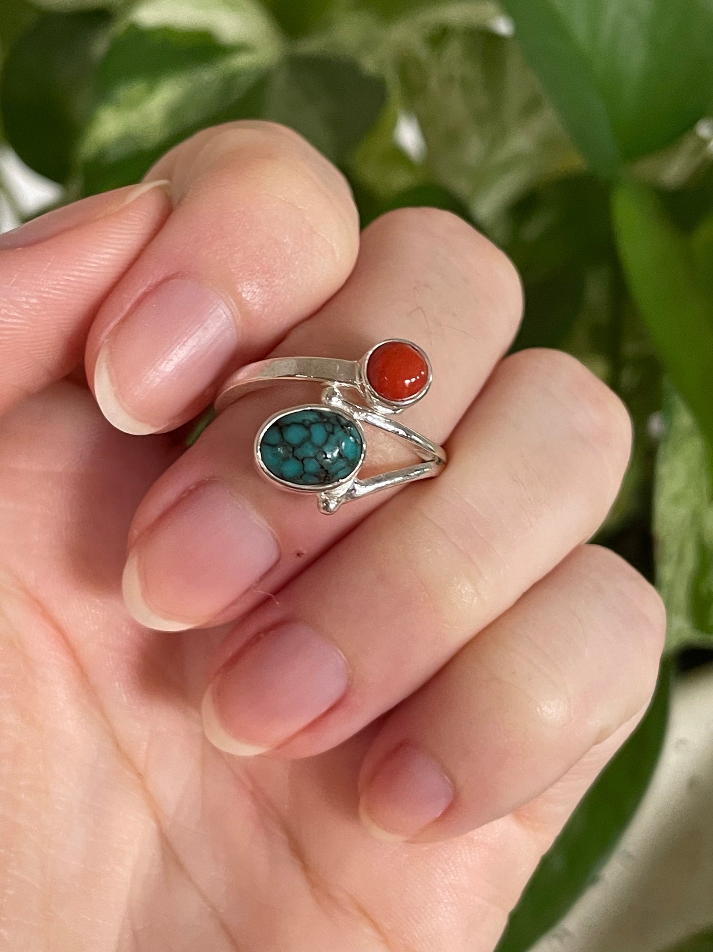 Tibetan Coral & Turquoise Silver Ring