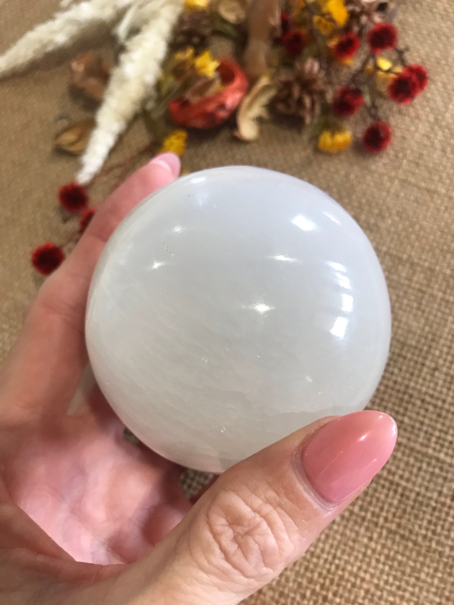 Selenite Sphere Includes Wooden Holder