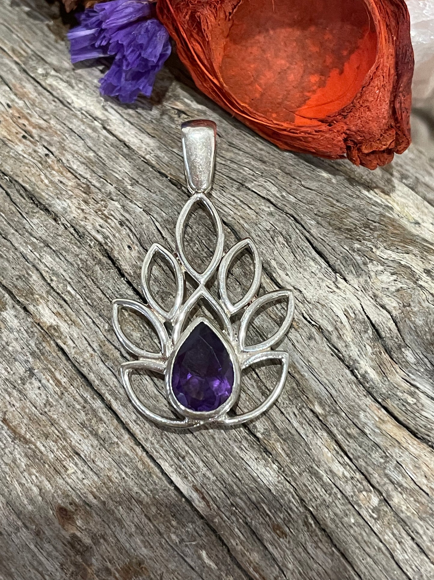Amethyst Silver Pendant ~ Lotus Flower
