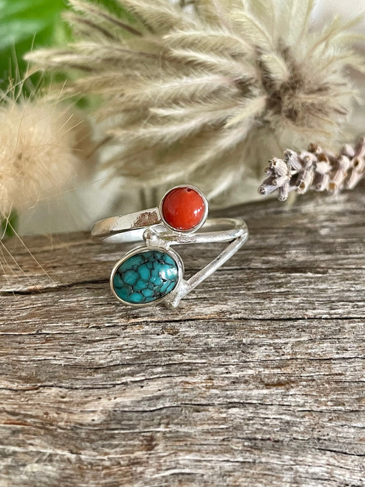 Tibetan Coral & Turquoise Silver Ring