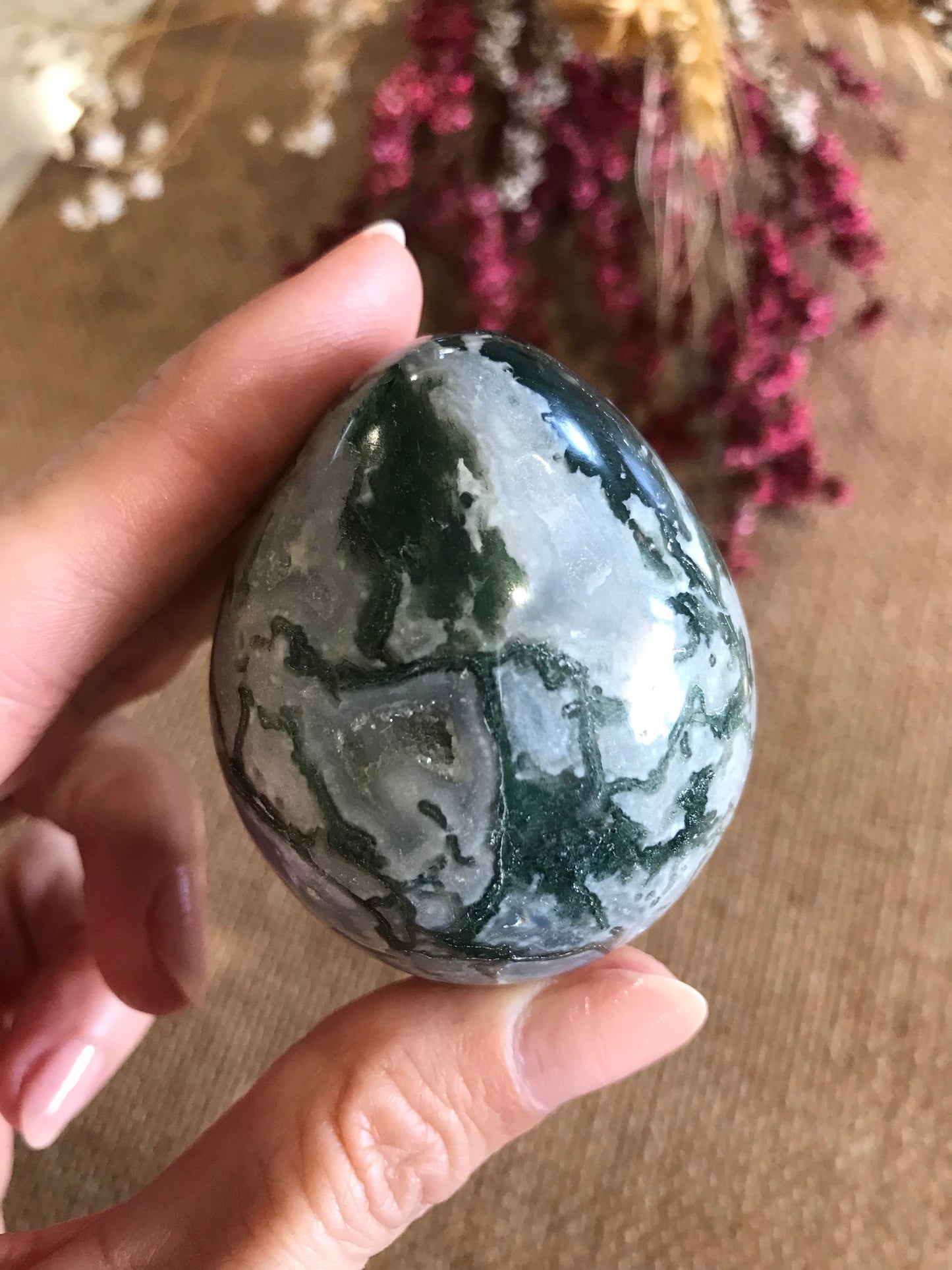 Tree Agate Egg Includes Hematite Ring