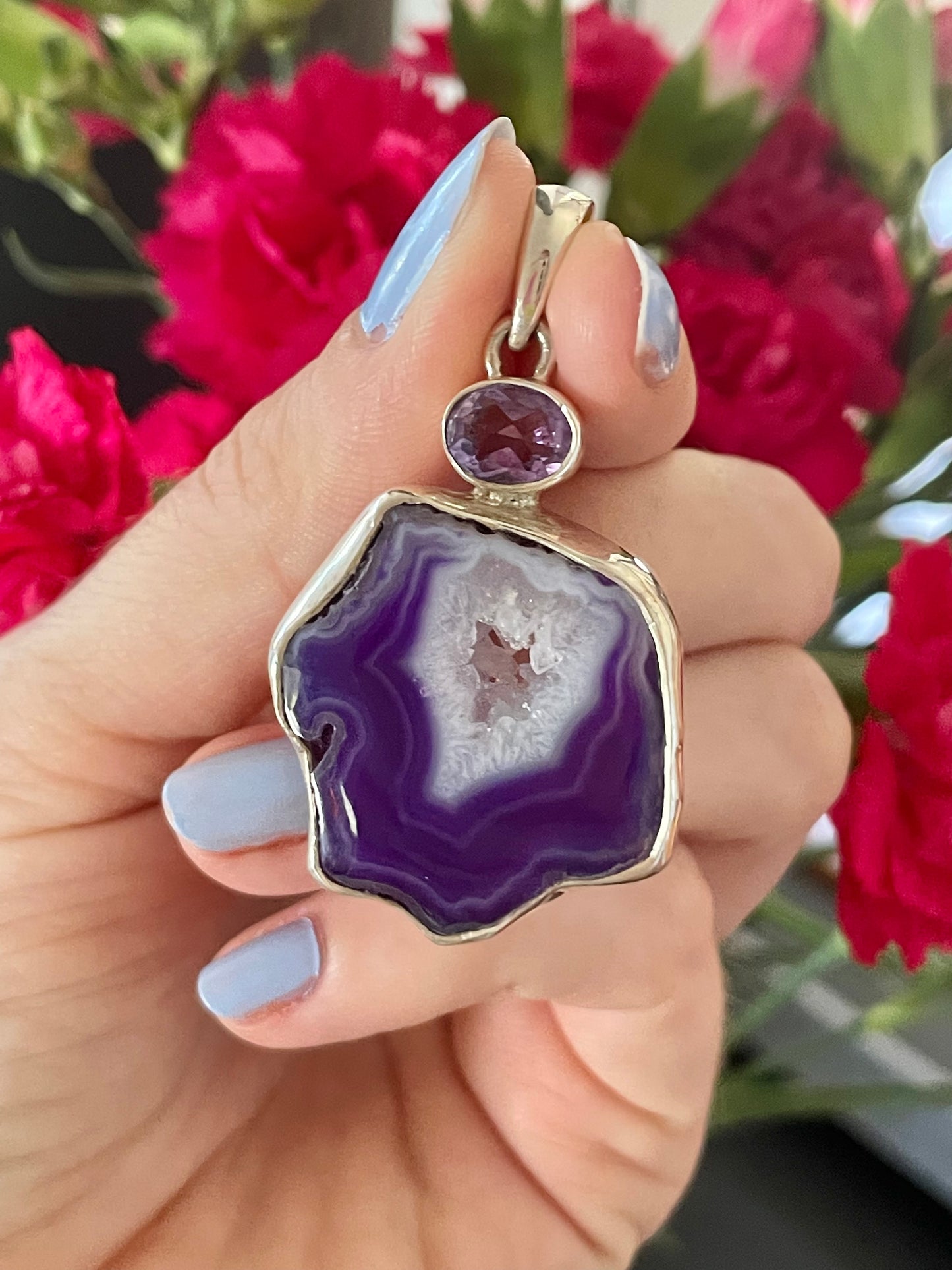Purple Agate & Amethyst Silver Pendant